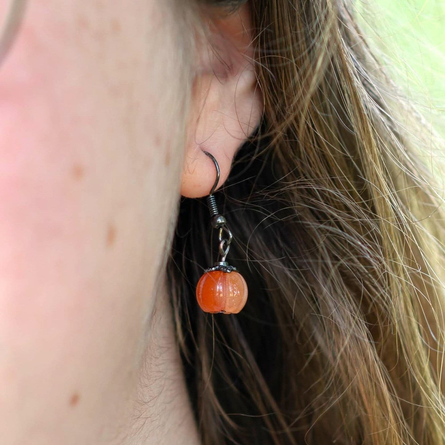 Orange Jade Pumpkin Earrings with Gunmetal Black Accents