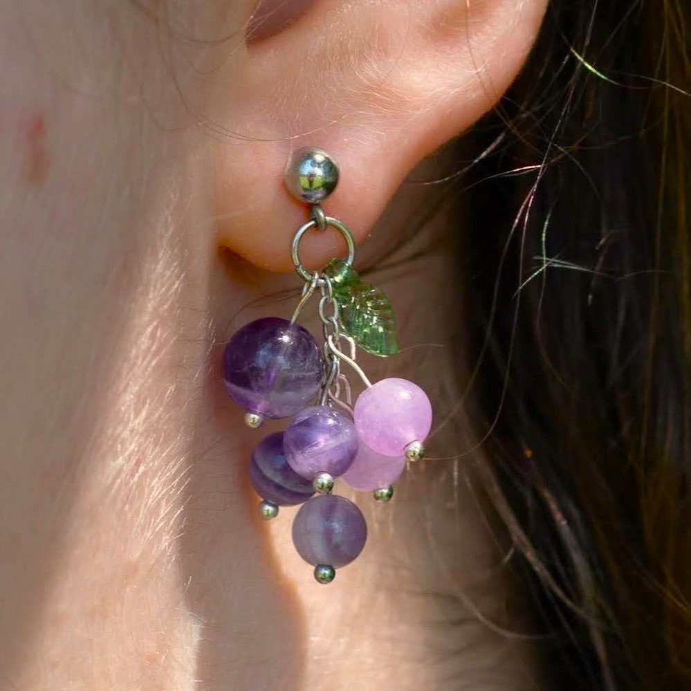 Grape Cluster Amethyst Earrings on ear