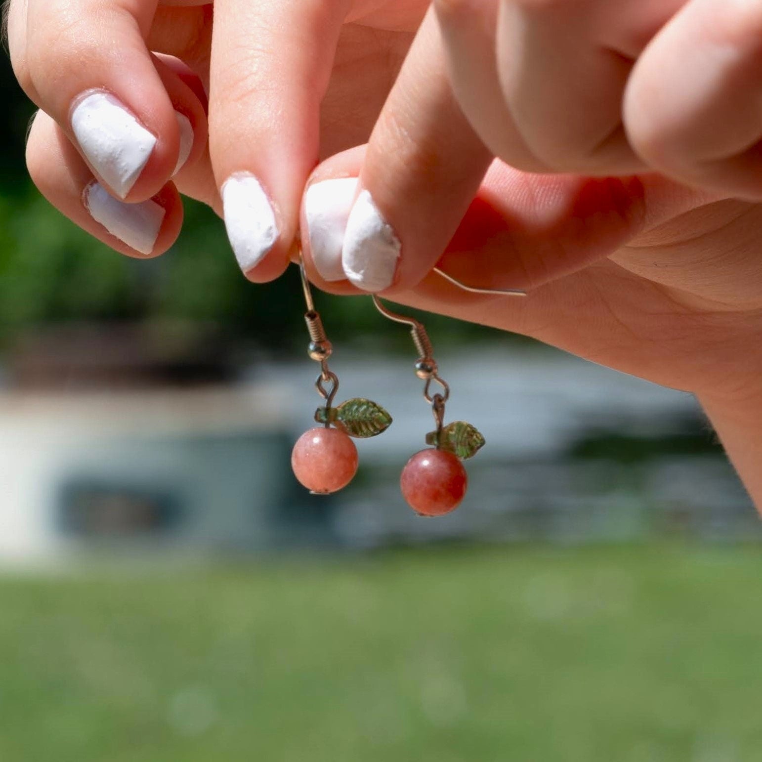 Pink Chalcedony Peach Earrings with Green Leaf Accents