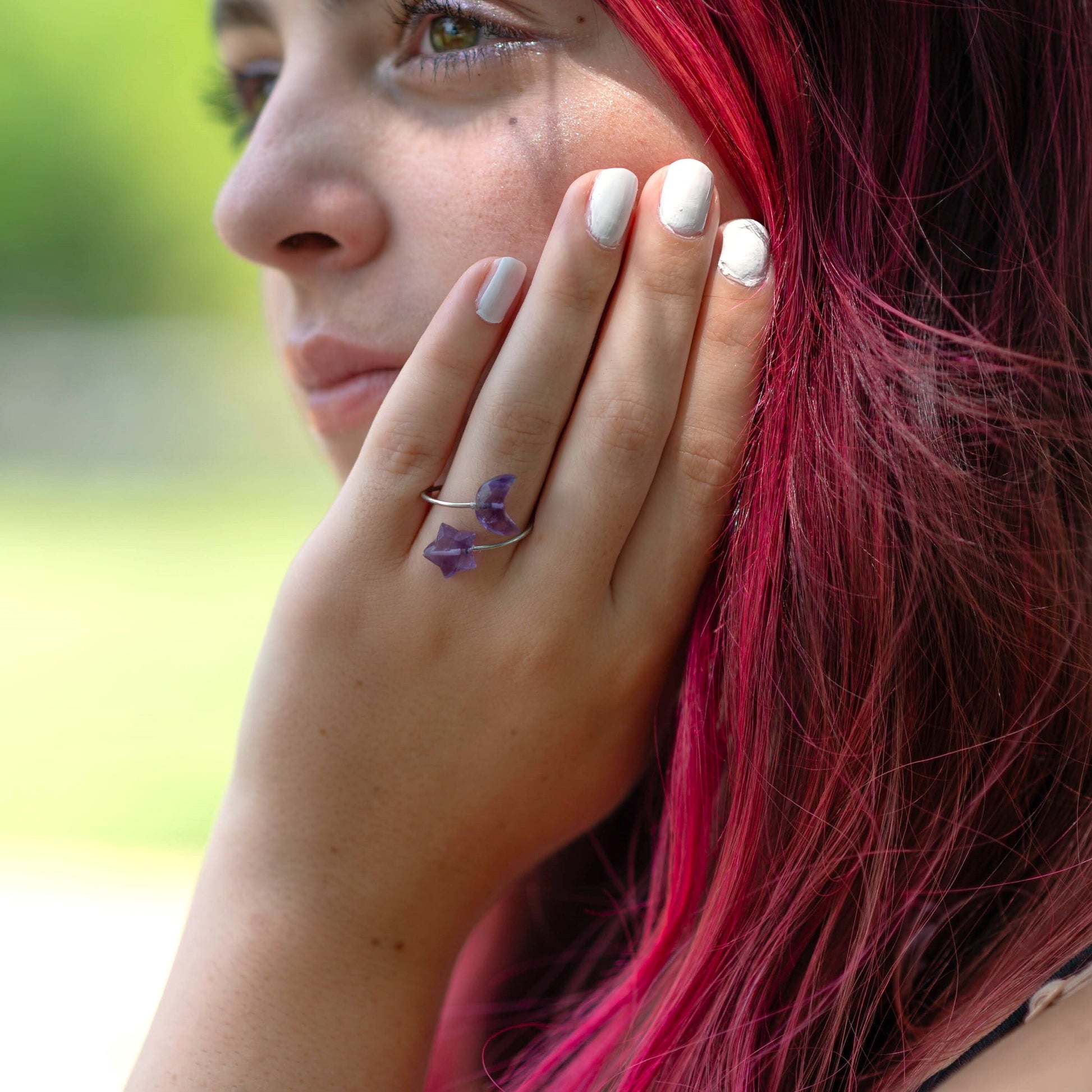 Amethyst Moon and Star Open Ring on model