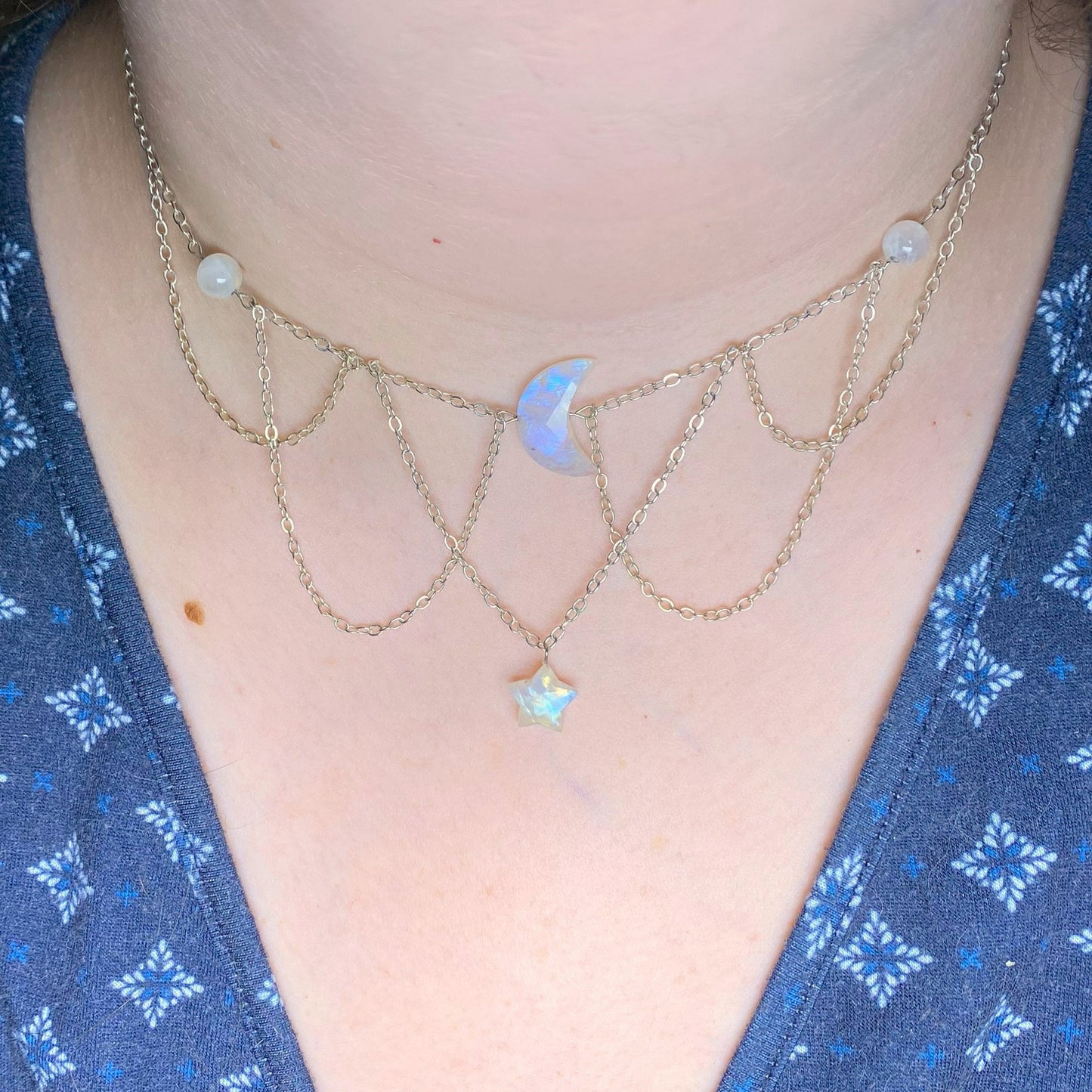 Lunar Moonstone Crescent and Star Multi-Layer Choker on person