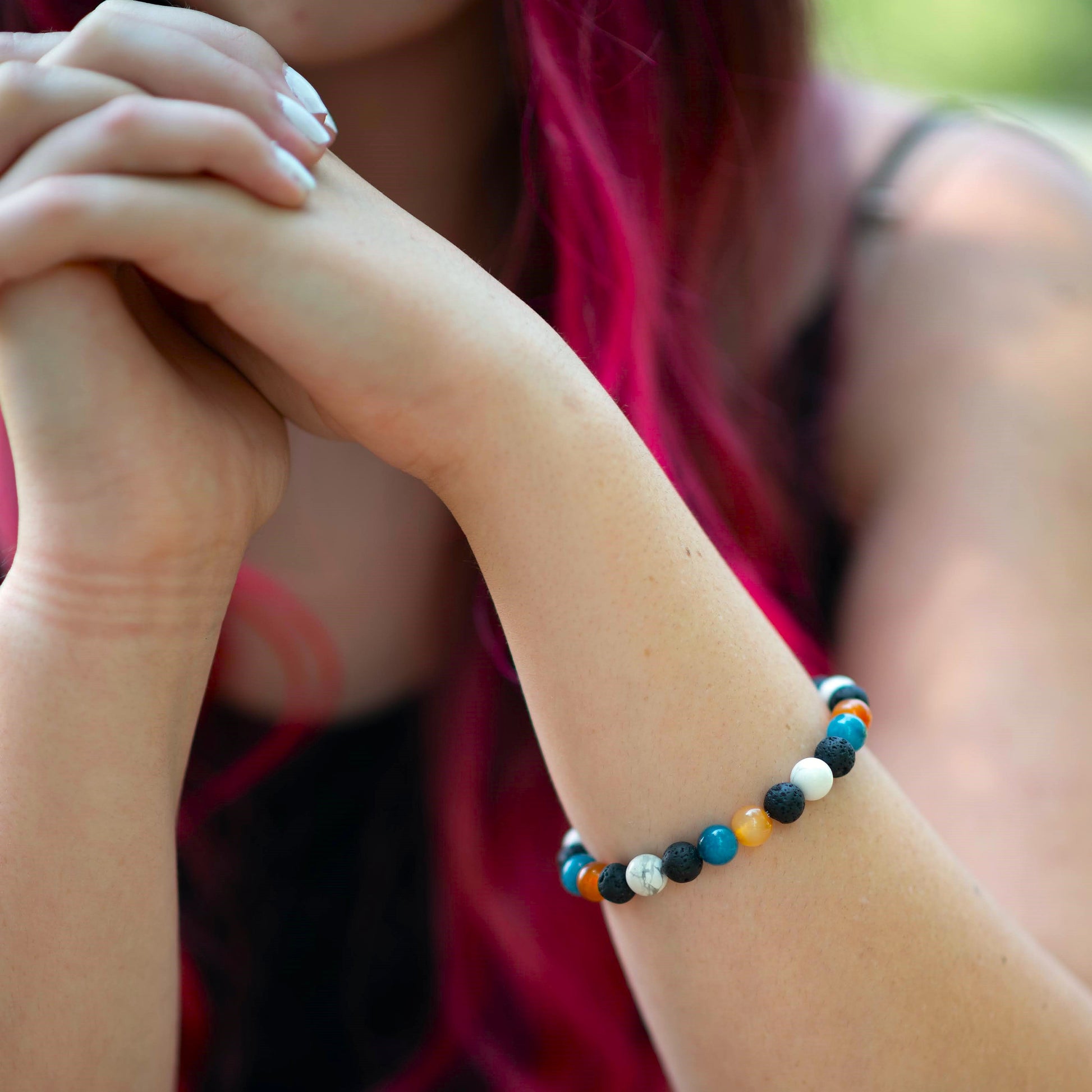 Mixed Gemstone and Lava Stone Beaded Bracelet on model