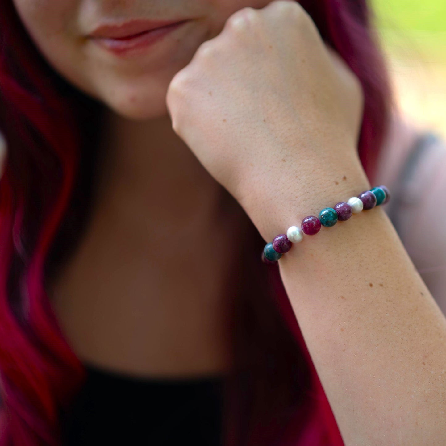 Garnet, Apatite, and Freshwater Pearl Beaded Bracelet | Jamie