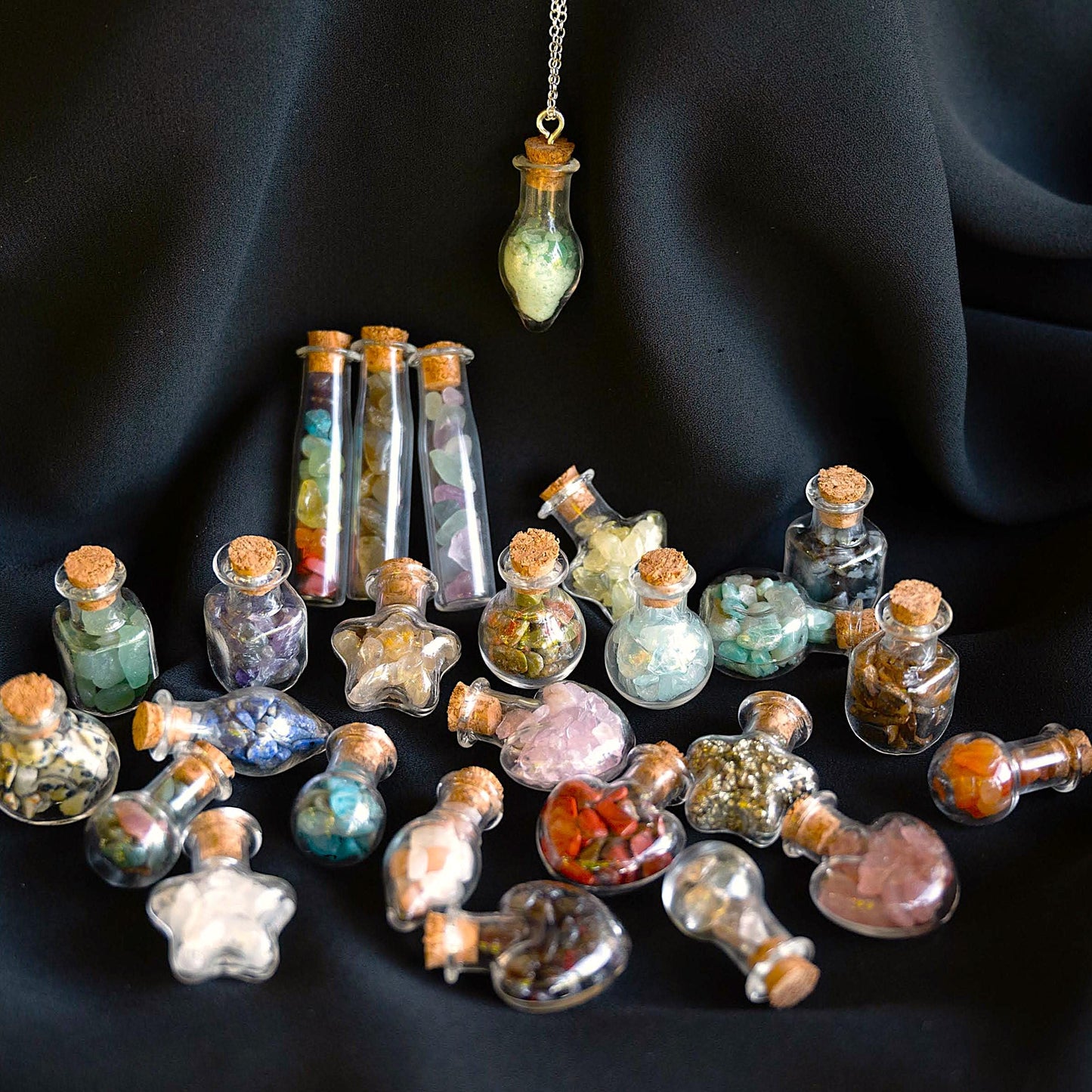 Mini glass bottles of gemstone chips - pendant on chain