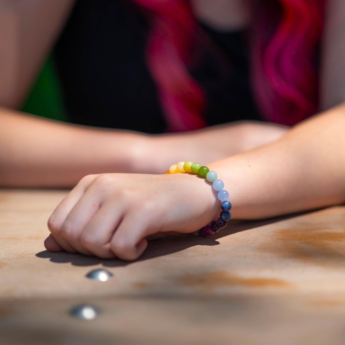 Rainbow Color Gradient Gemstone Bracelet on model