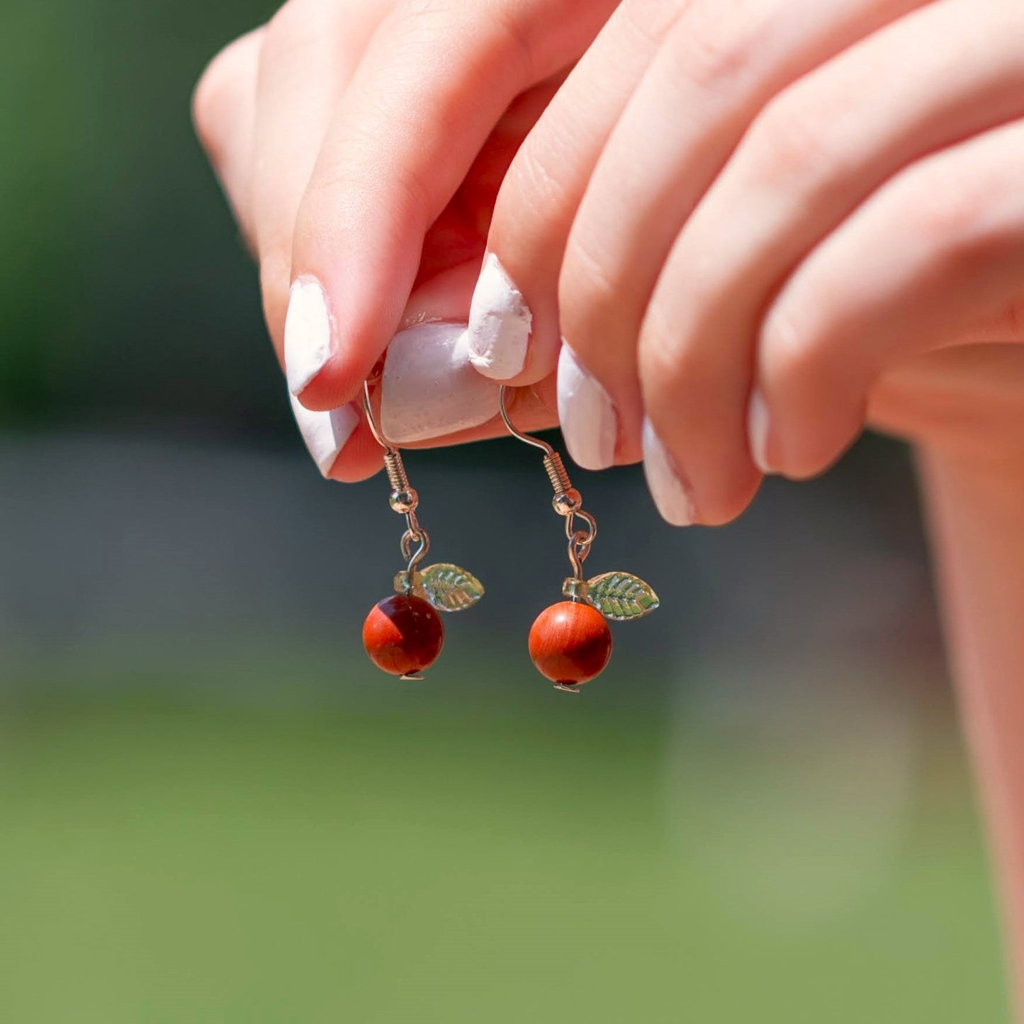 Red Jasper Apple Earrings with Green Leaf Accents