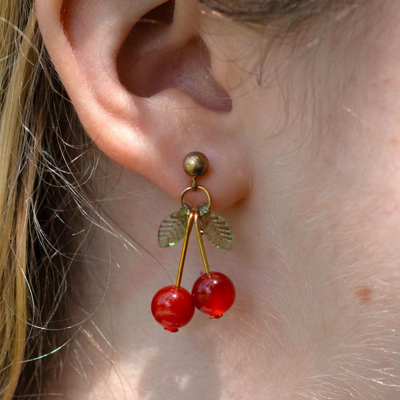 Cherry Carnelian Earrings with Green Leaf Accents