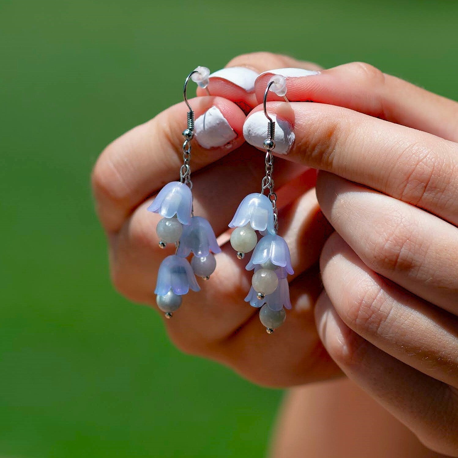 Bellflower Earrings with White Jade Beads