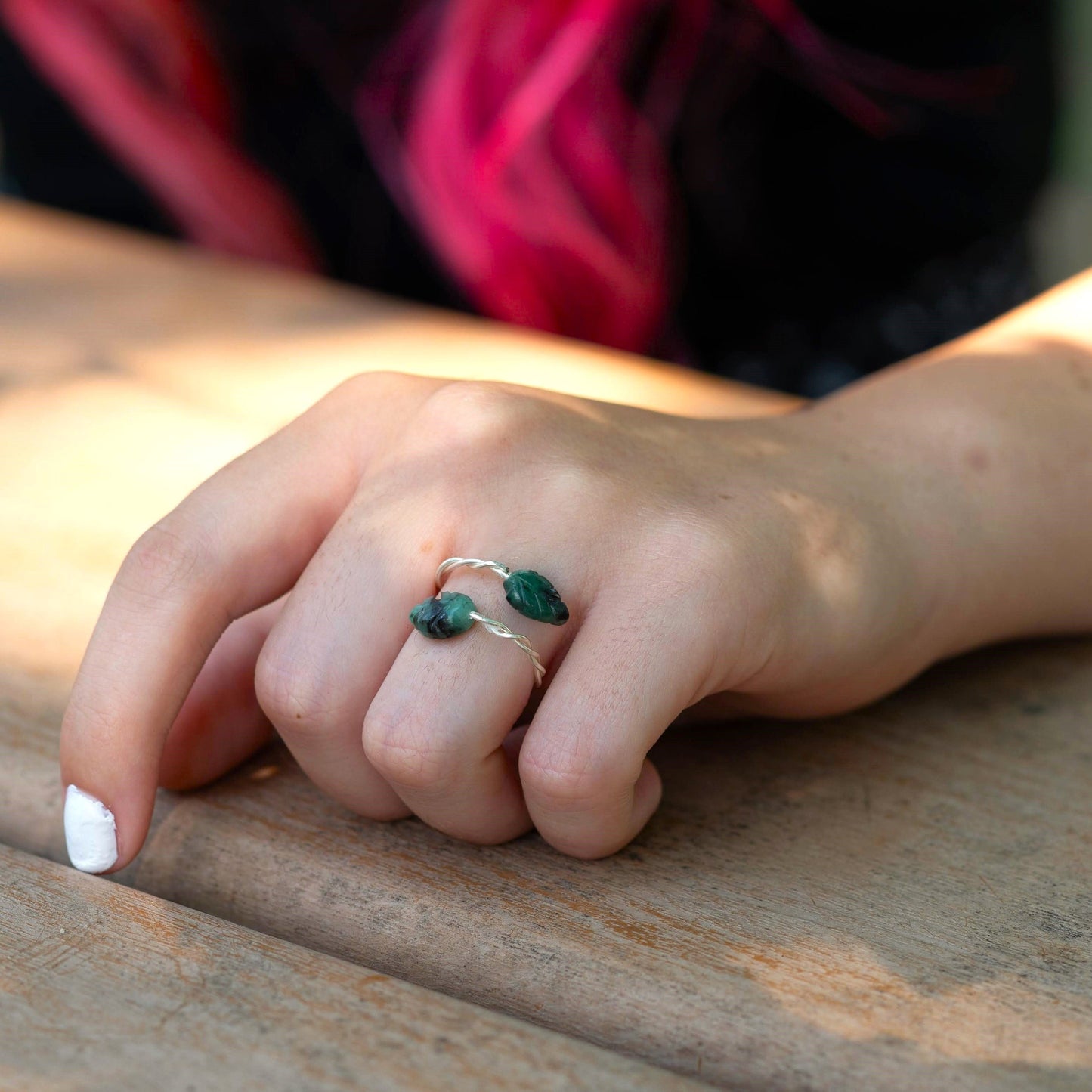 Emerald Leaf and Twisted Vines Open Ring