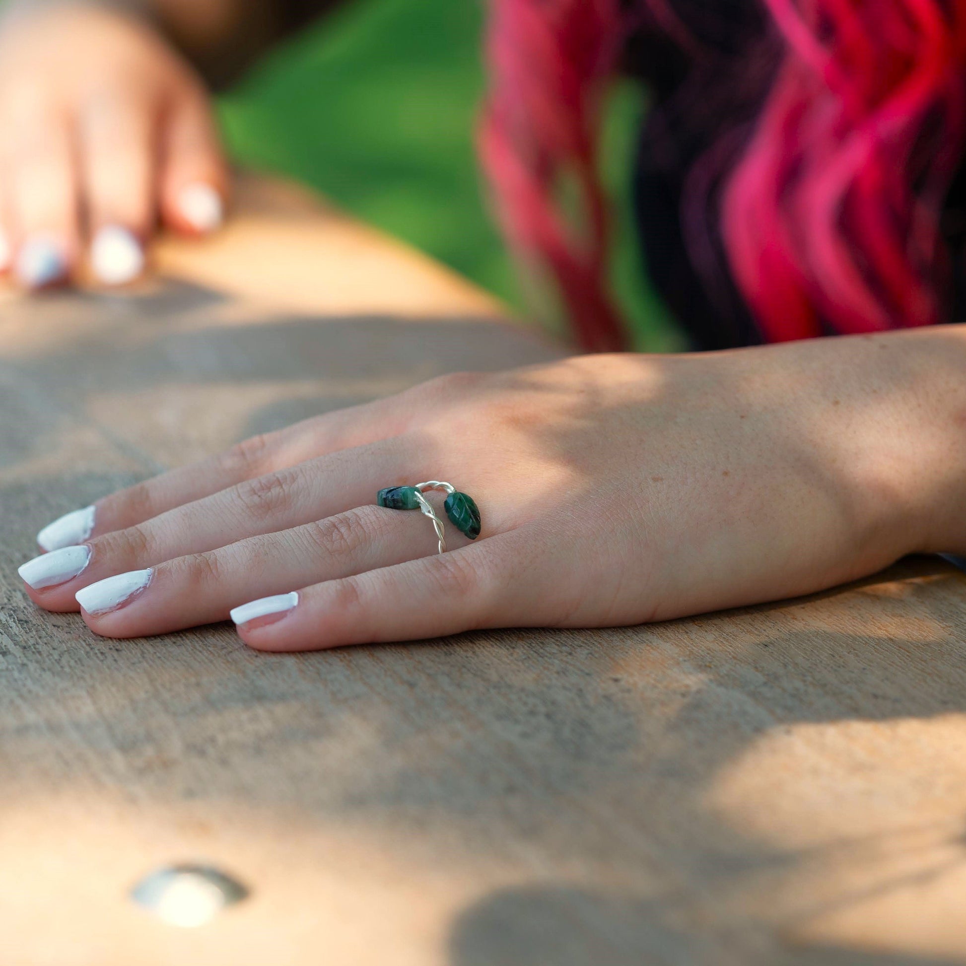 Emerald Leaf and Twisted Vines Open Ring