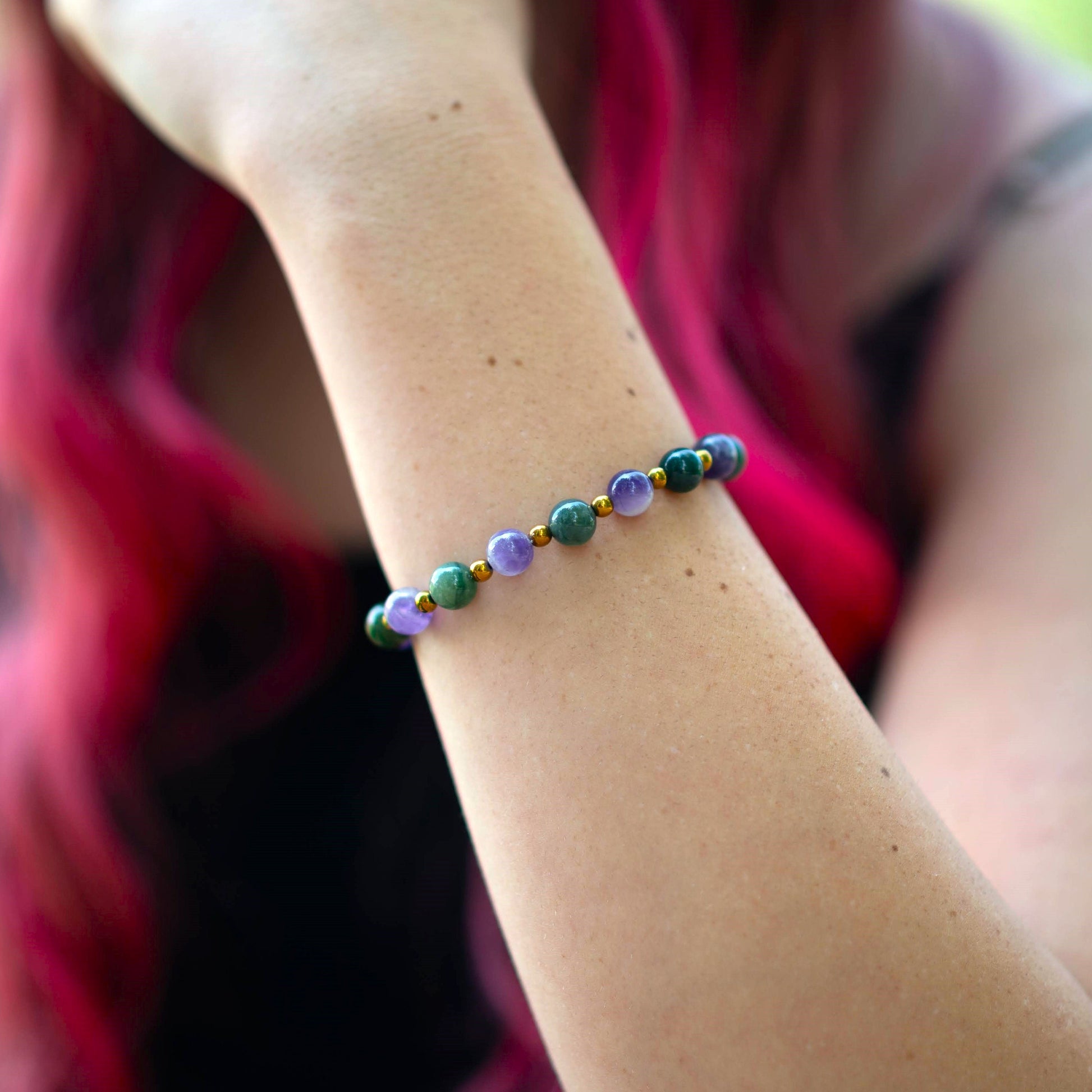 Chevron Amethyst, Green Moss Agate, and Gold Hematite Beaded Bracelet on model