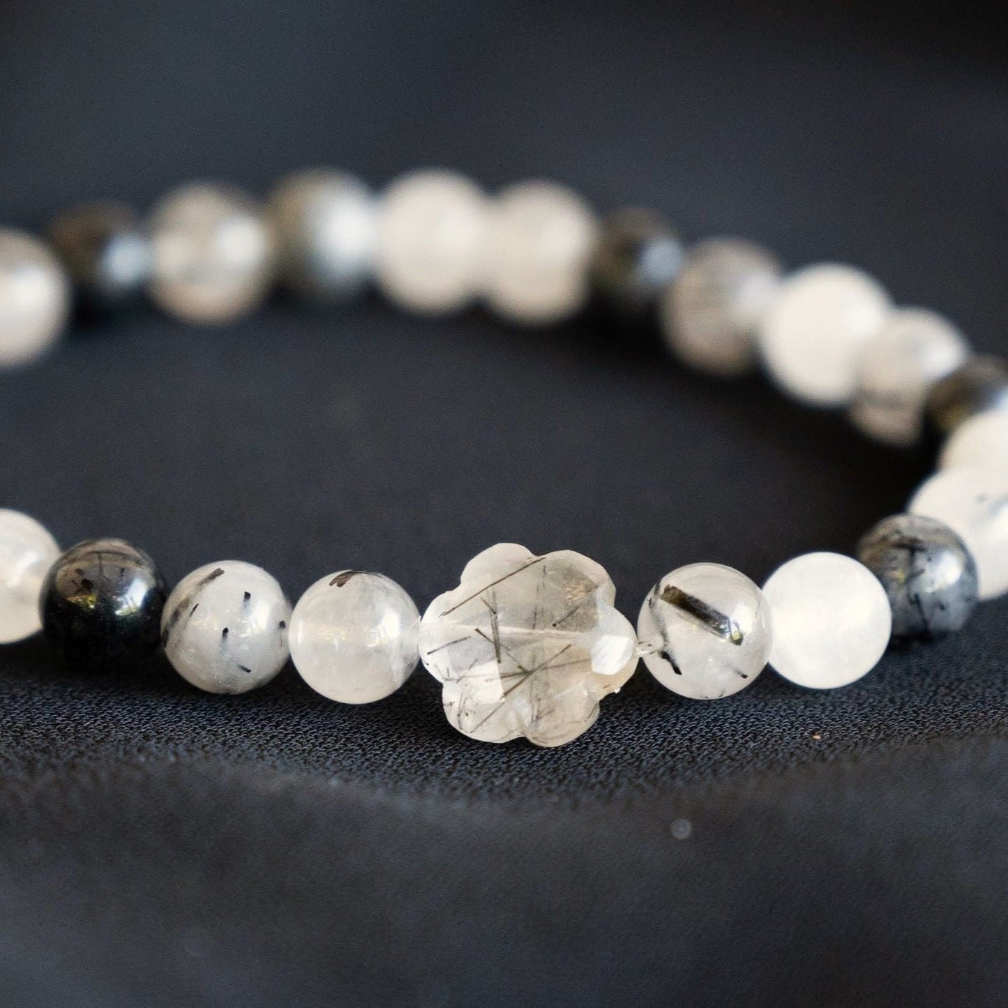 Tourmalinated Quartz Beaded Bracelet with Flower Accent