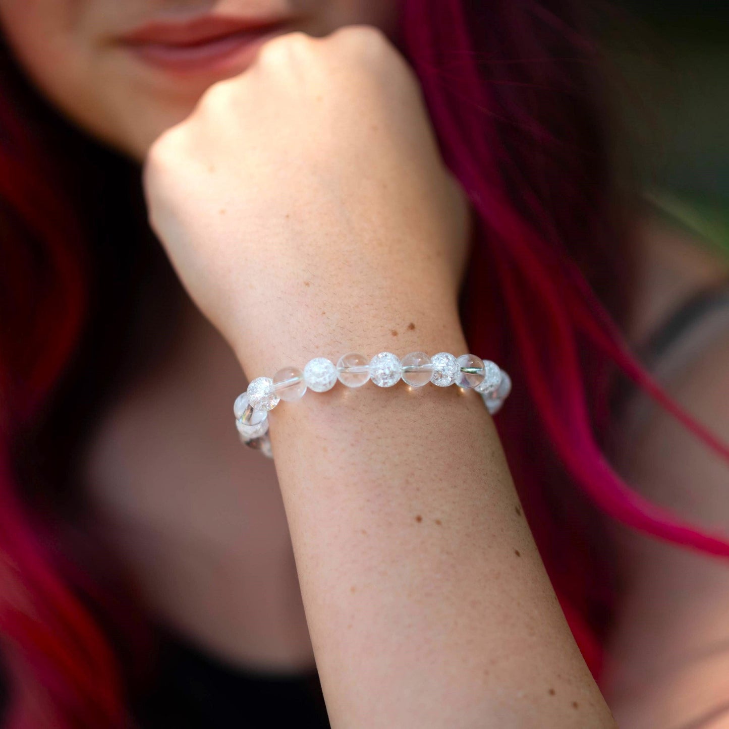 Clear & Crackle Quartz Gemstone Bracelet on model wrist