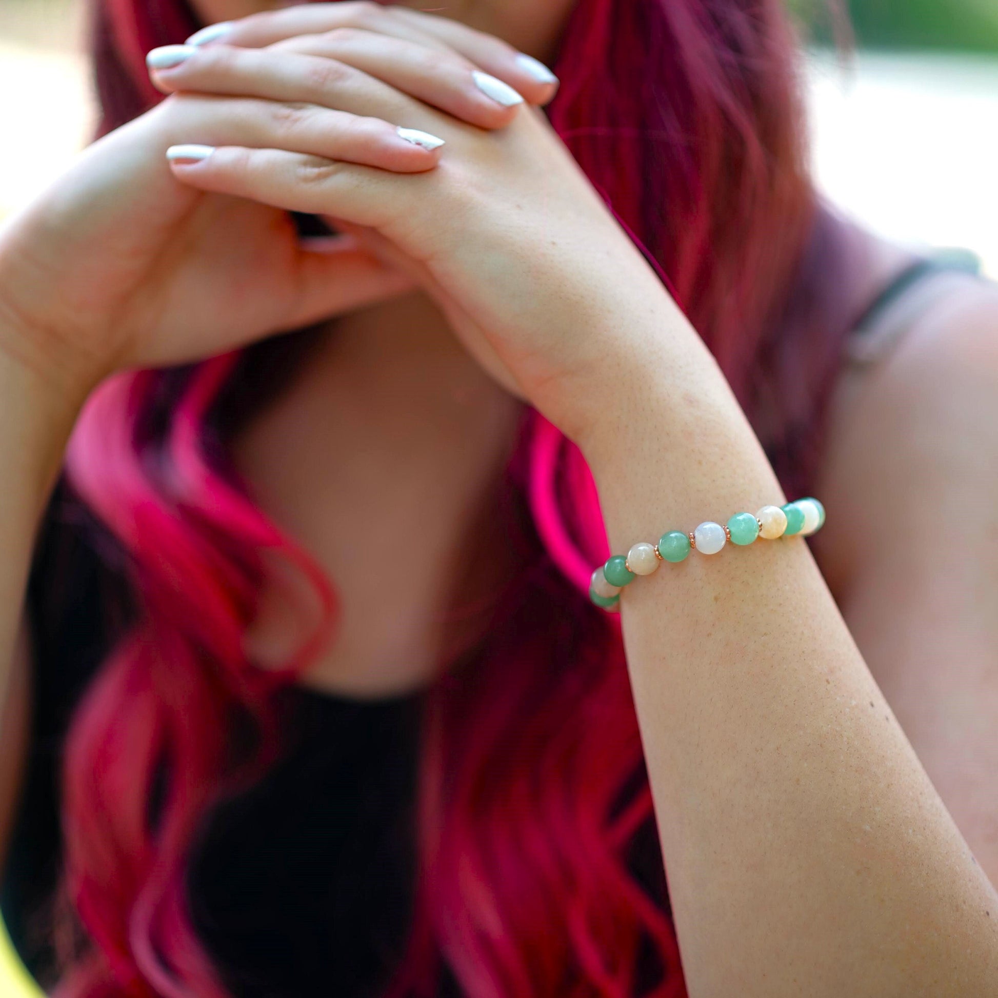 Flower Agate and Green Aventurine Beaded Bracelet with Rose Gold Accents