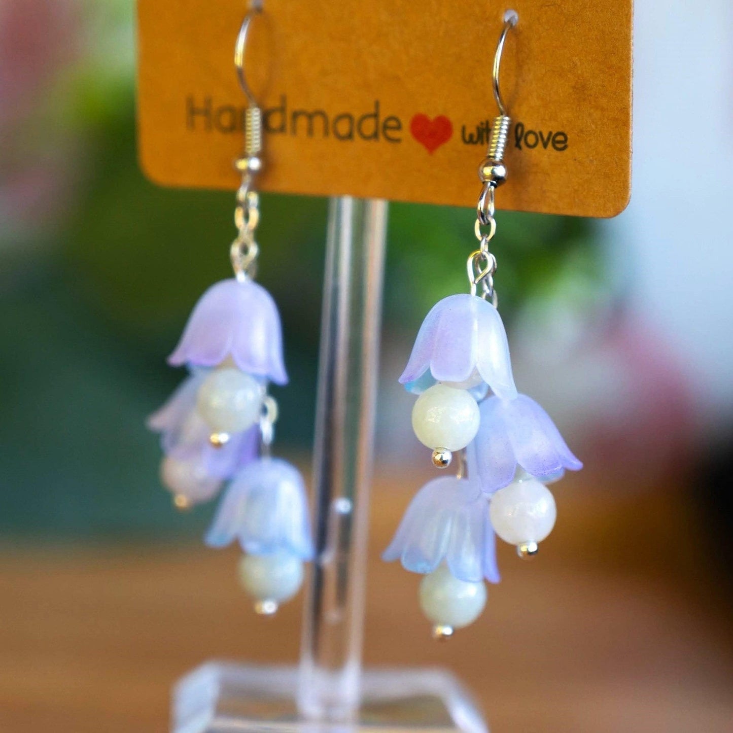 Bellflower Earrings with White Jade Beads