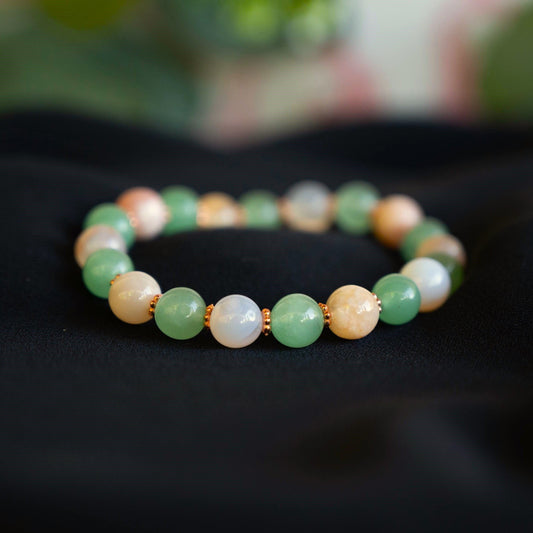 Green Aventurine and Flower Agate Beaded Bracelet with Rose Gold Accents