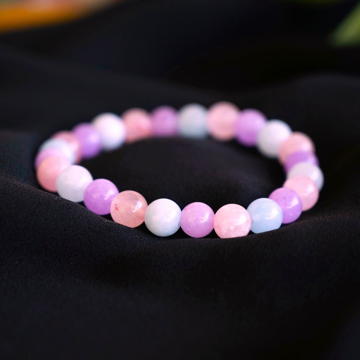 June | Lavender Amethyst, Aquamarine, and Rose Quartz Beaded Bracelet