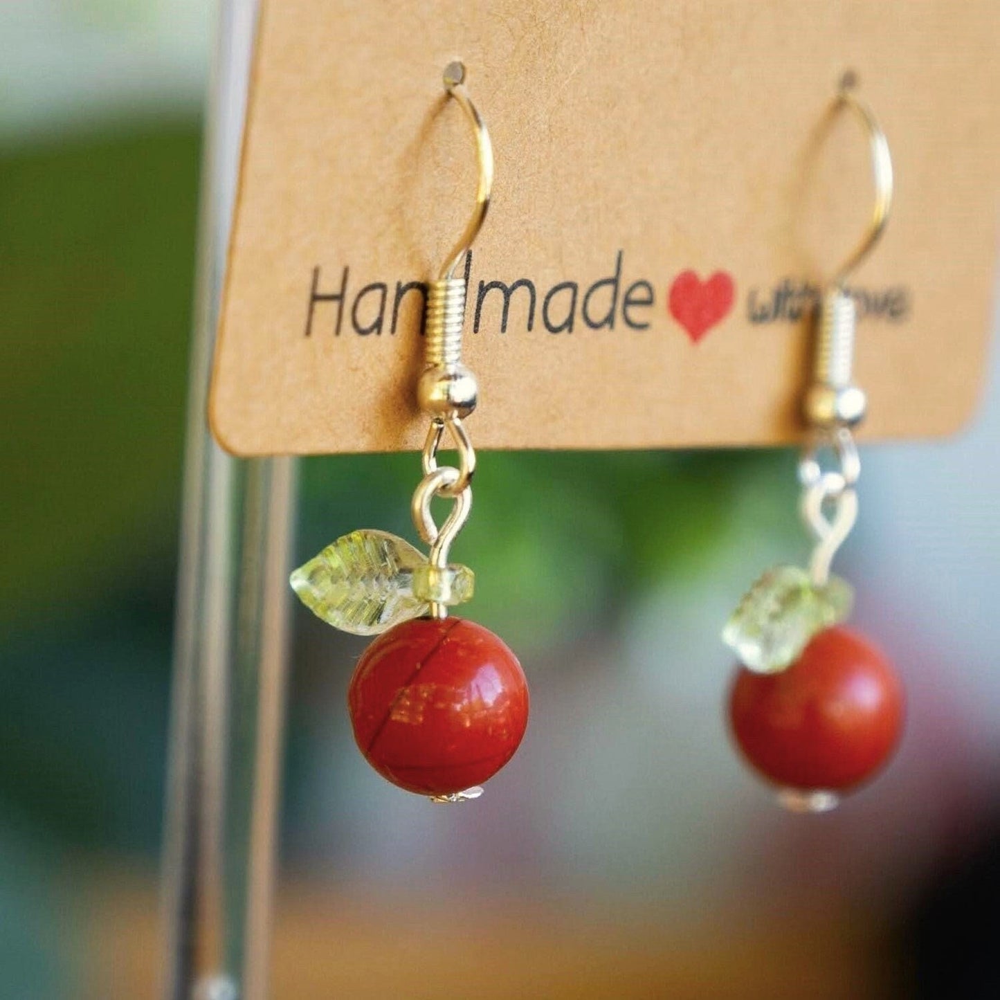 Red Jasper Apple Earrings with Green Leaf Accents