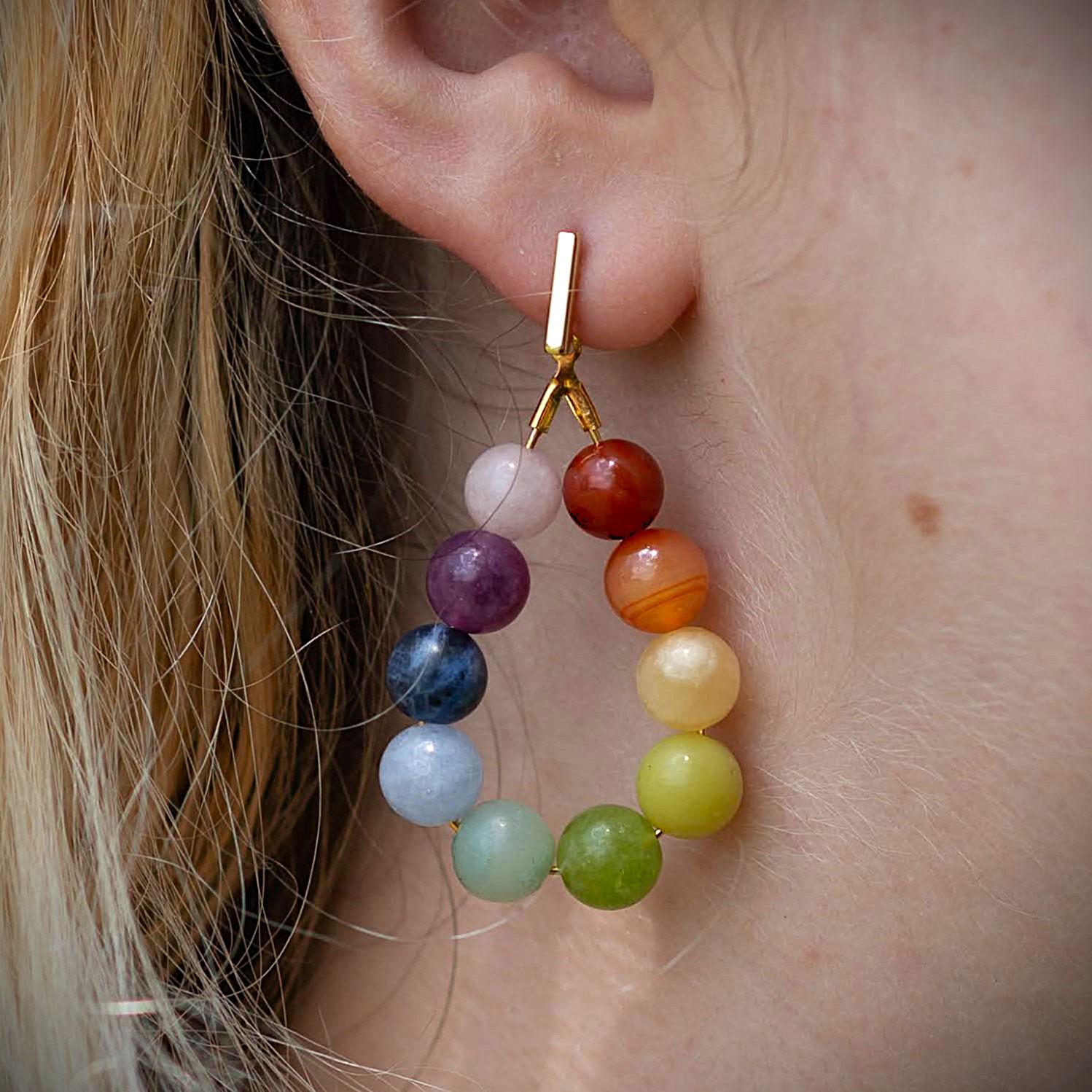 Rainbow Gradient Gemstone Earrings | Natural Stone Gemstone Jewelry Handmade | Crystal Bead Teardrop Earrings | Colorful Rainbow Earrings