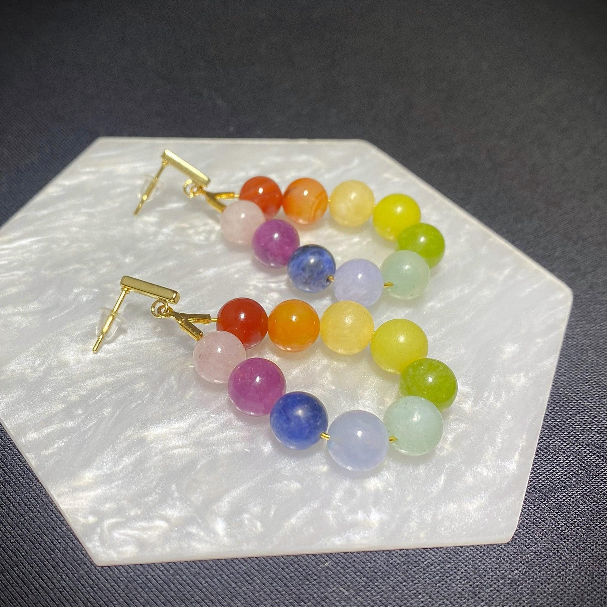 Rainbow Gradient Gemstone Earrings | Natural Stone Gemstone Jewelry Handmade | Crystal Bead Teardrop Earrings | Colorful Rainbow Earrings