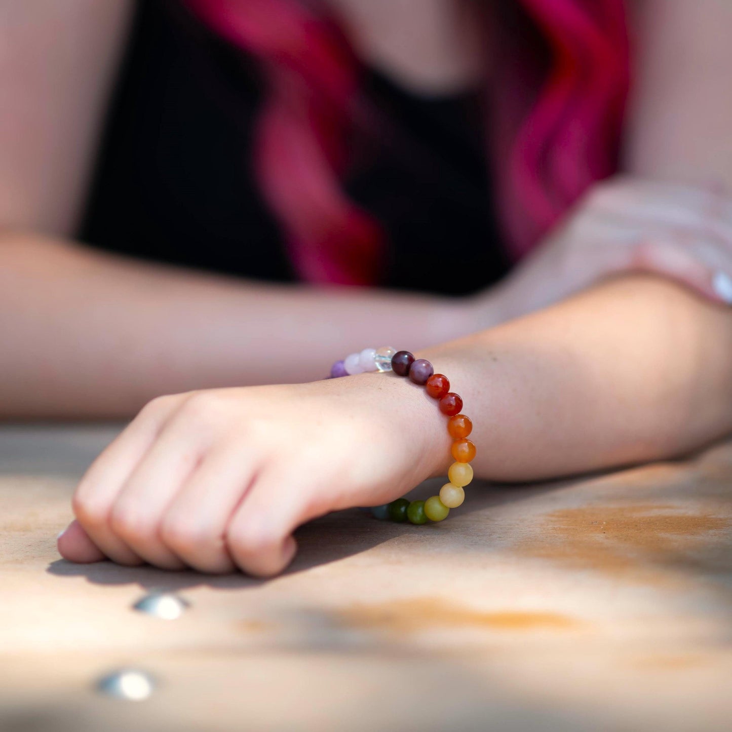 Rainbow Color Gradient Gemstone Bracelet on model