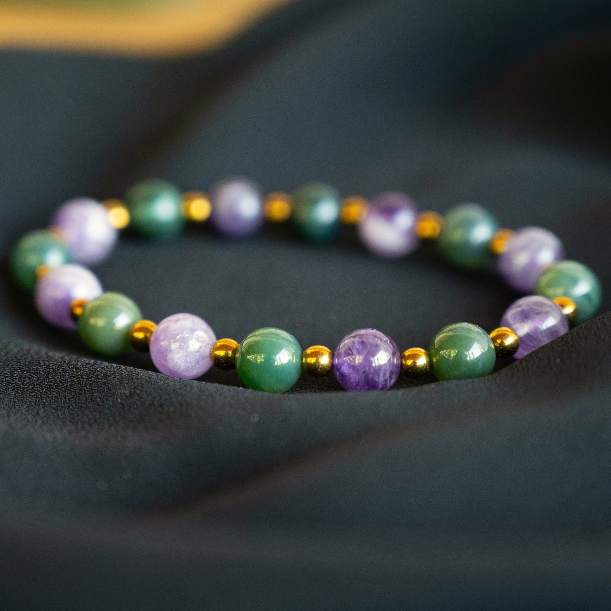 Sabrina | Chevron Amethyst, Green Moss Agate, and Gold Hematite Beaded Bracelet