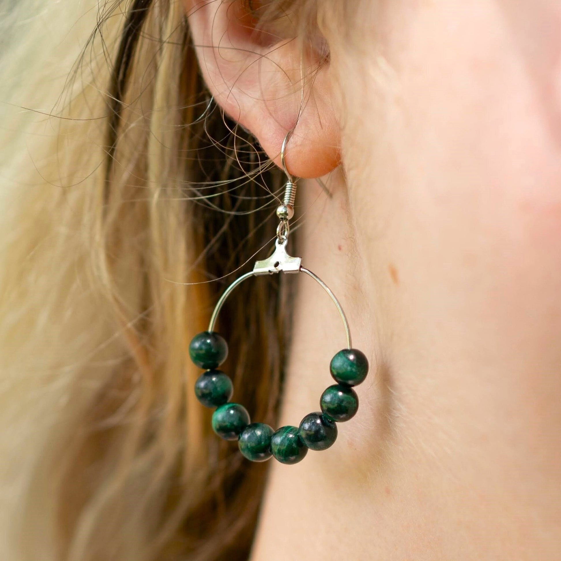 Natural Malachite Hoop Earrings on model