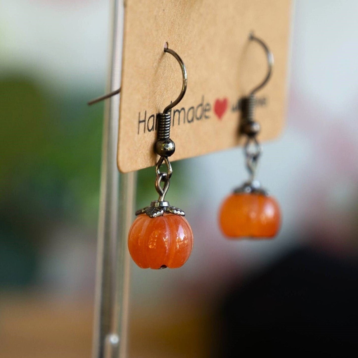 Orange Jade Pumpkin Earrings with Antique Bronze Accents