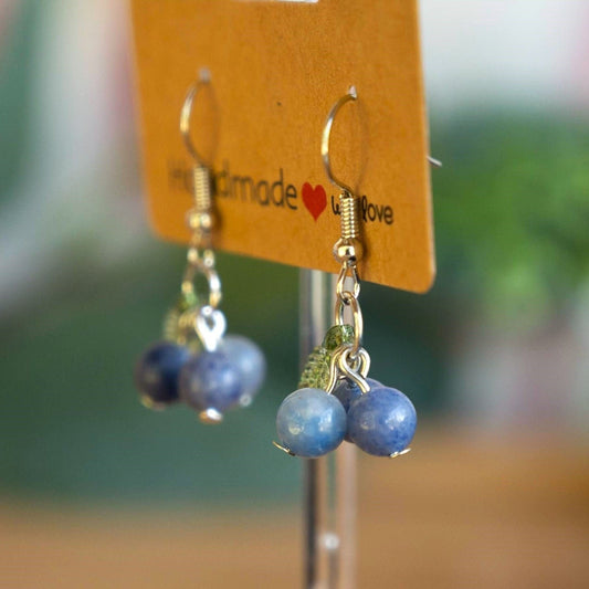 Blue Aventurine Blueberry Earrings with Green Leaf Accents