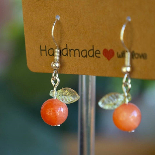 Orange Jade Earrings with Green Leaf Accents