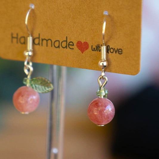 Pink Chalcedony Peach Earrings with Green Leaf Accents