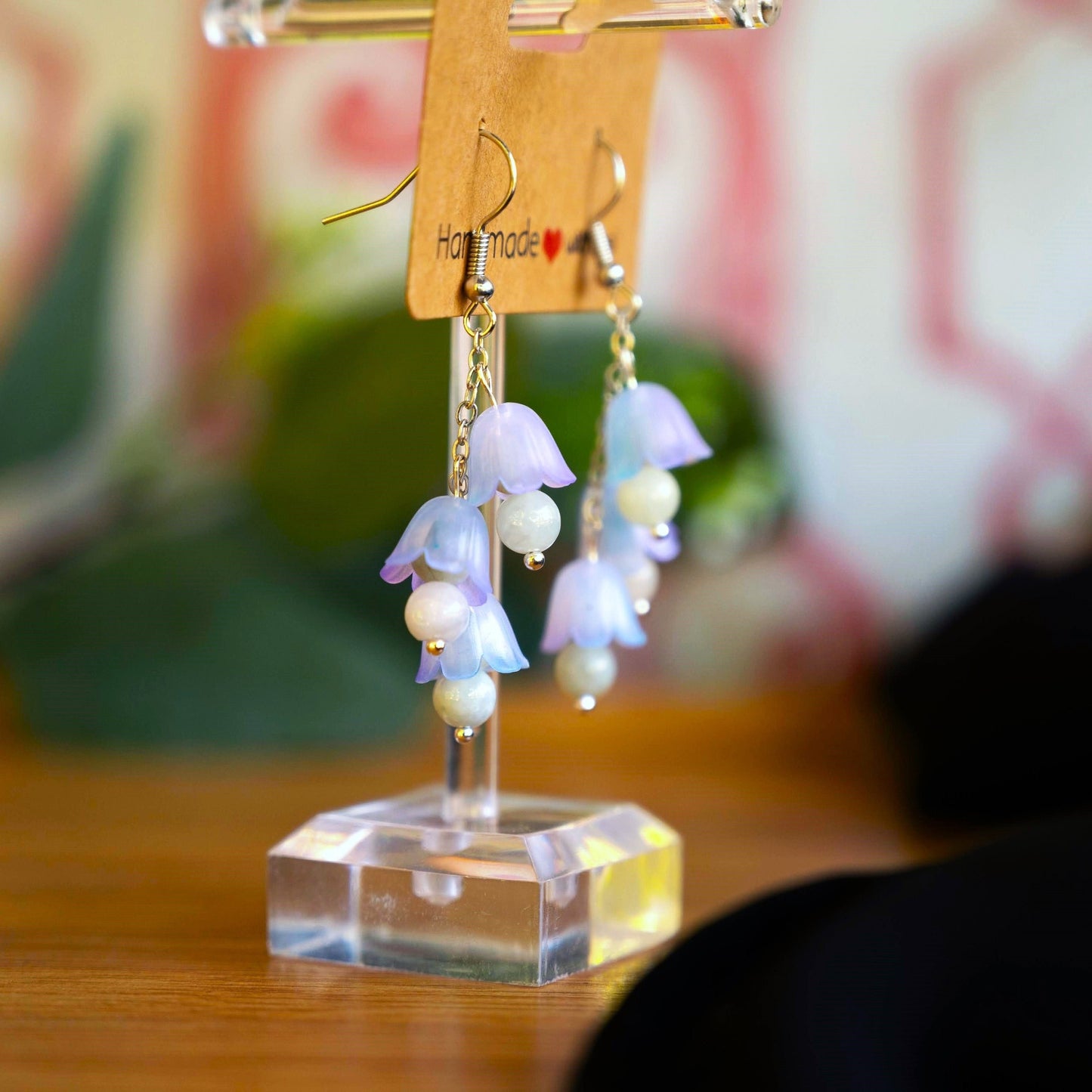 Bellflower Earrings with White Jade Beads