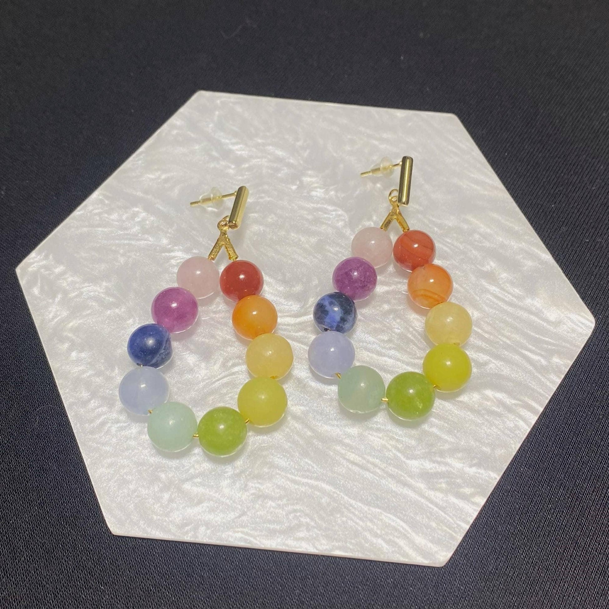 Rainbow Gradient Gemstone Earrings | Natural Stone Gemstone Jewelry Handmade | Crystal Bead Teardrop Earrings | Colorful Rainbow Earrings