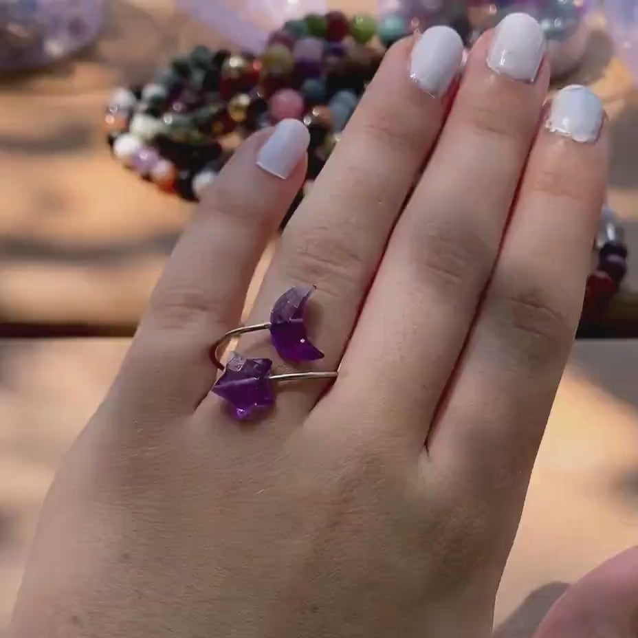 Amethyst Moon and Star Open Ring