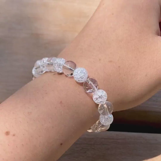 Clear & Crackle Quartz Gemstone Bracelet | Natural Stone Gemstone Jewelry Handmade | Crystal Beaded Stretch Bracelet | Angelic Bracelet