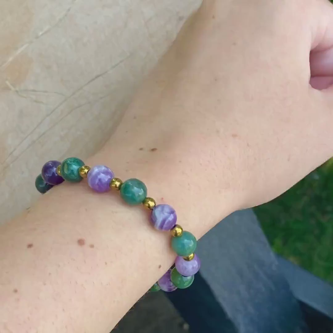 Chevron Amethyst, Green Moss Agate, and Gold Hematite Beaded Bracelet | Sabrina