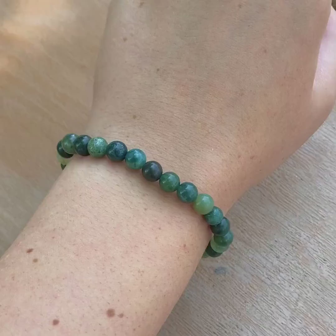 Moss Agate Beaded Bracelet with Flower Accent