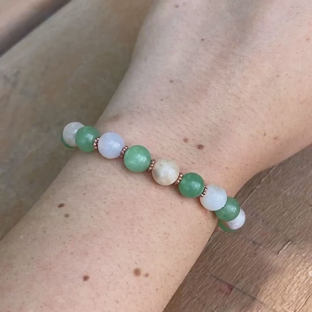 Flower Agate and Green Aventurine Beaded Bracelet with Rose Gold Accents