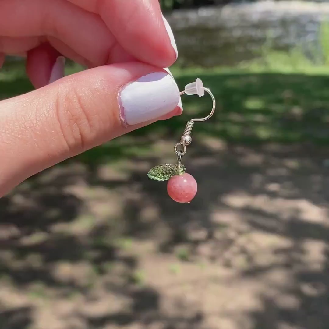 Pink Chalcedony Peach Earrings with Green Leaf Accents