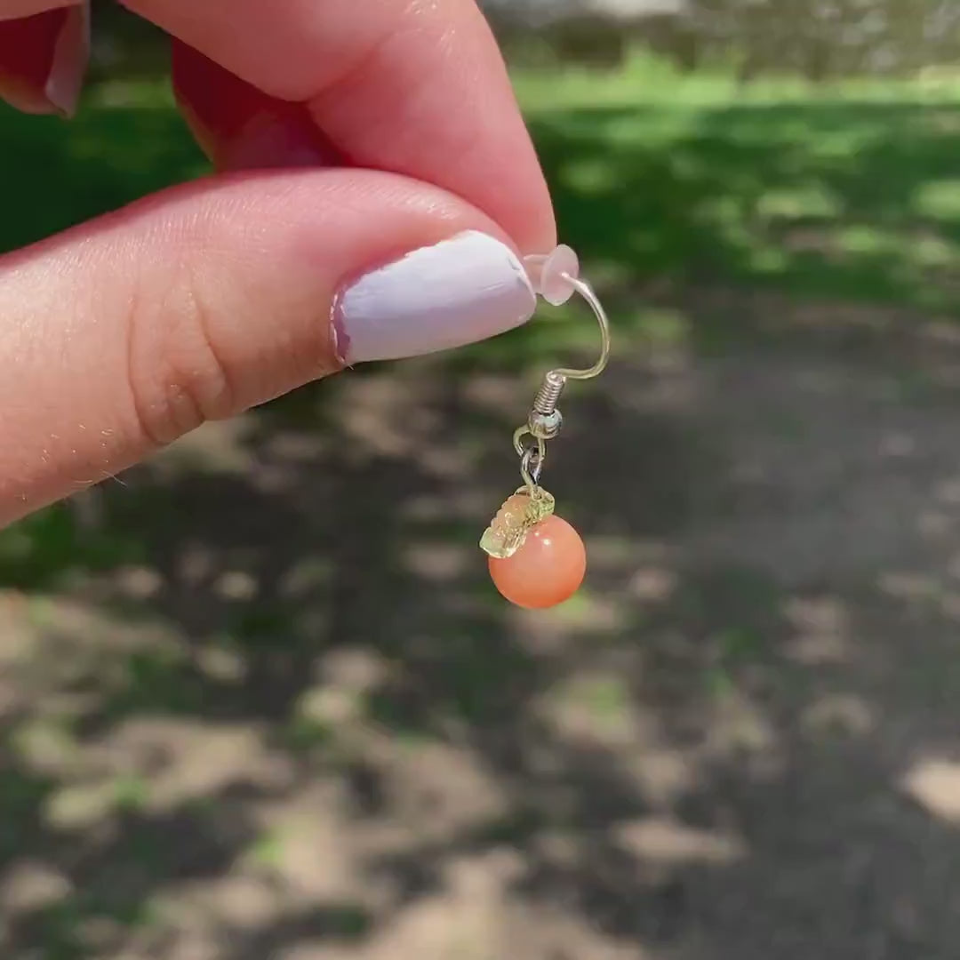 Orange Chalcedony Earrings with Green Leaf Accents